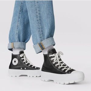 Black Leather Converse Chuck Taylor All Star Lugged Hi Top Sneakers - 8.5M/10.5W